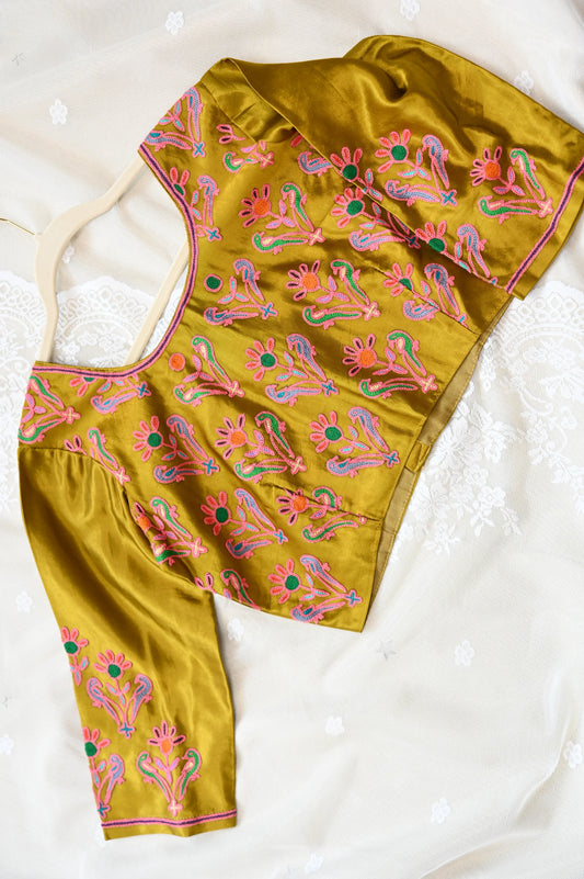Yellow mushroom silk saree blouse