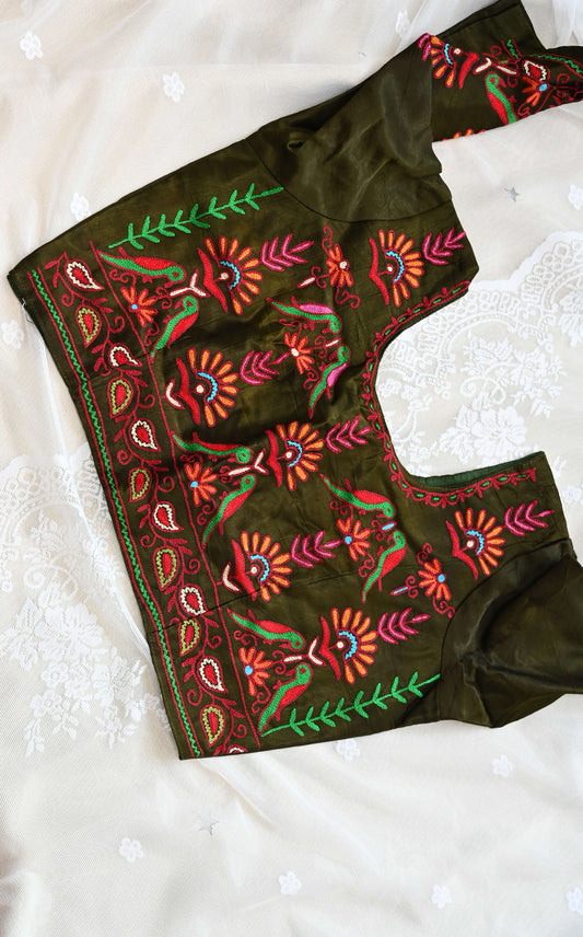 Green mushroom silk saree blouse