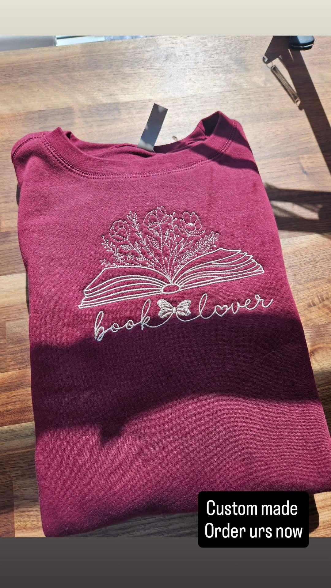 Custom Embroidered "Book Lover" Floral Sweatshirt Cozy Maroon Crewneck
