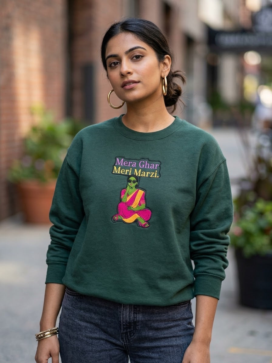 Custom Embroidered "Meri Ghar Meri Marzi" Floral Sweatshirt Cozy Crewneck