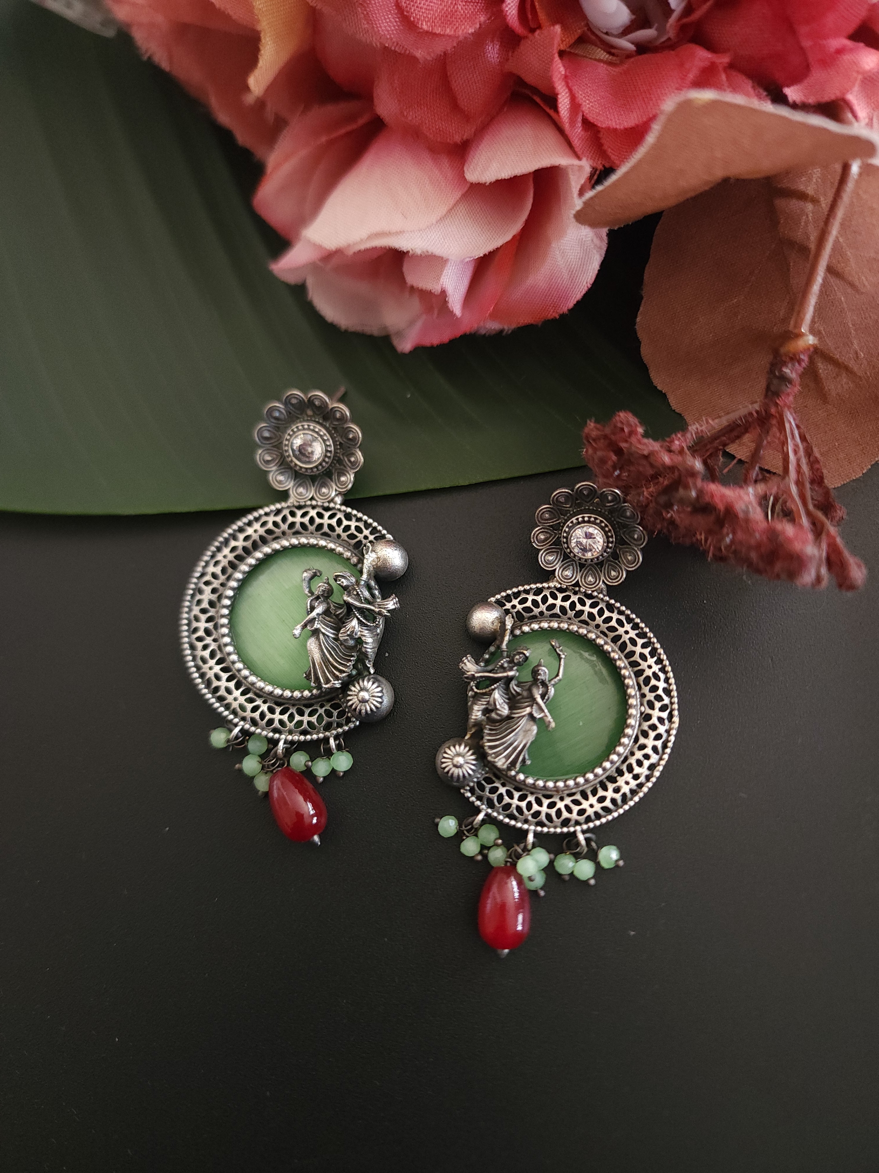 Mogul natural stone silver alike earrings