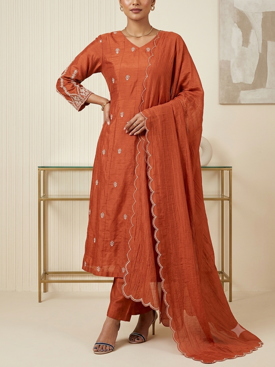 Rust Orange Dola Silk 3-Piece Set – Elegance in Every Detail