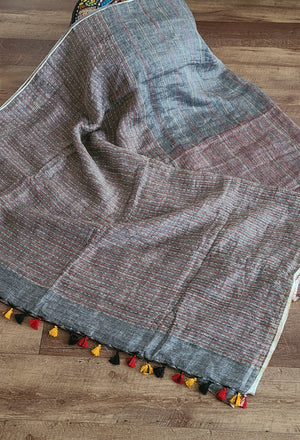 Handwoven organic pure linen handweived Saree with tassels pallu saree plain saree