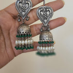 Long pearl jhumkas silver alike jhumkas green jhumkas beaded jhumkas earrings