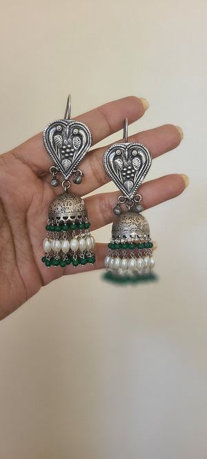 Long pearl jhumkas silver alike jhumkas green jhumkas beaded jhumkas earrings