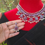 Silver alike guttapusalu necklace set heavy set neckline necklace ruby stone necklace set