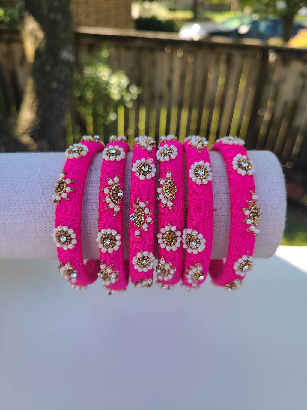 Pink fabric embroidery bangles