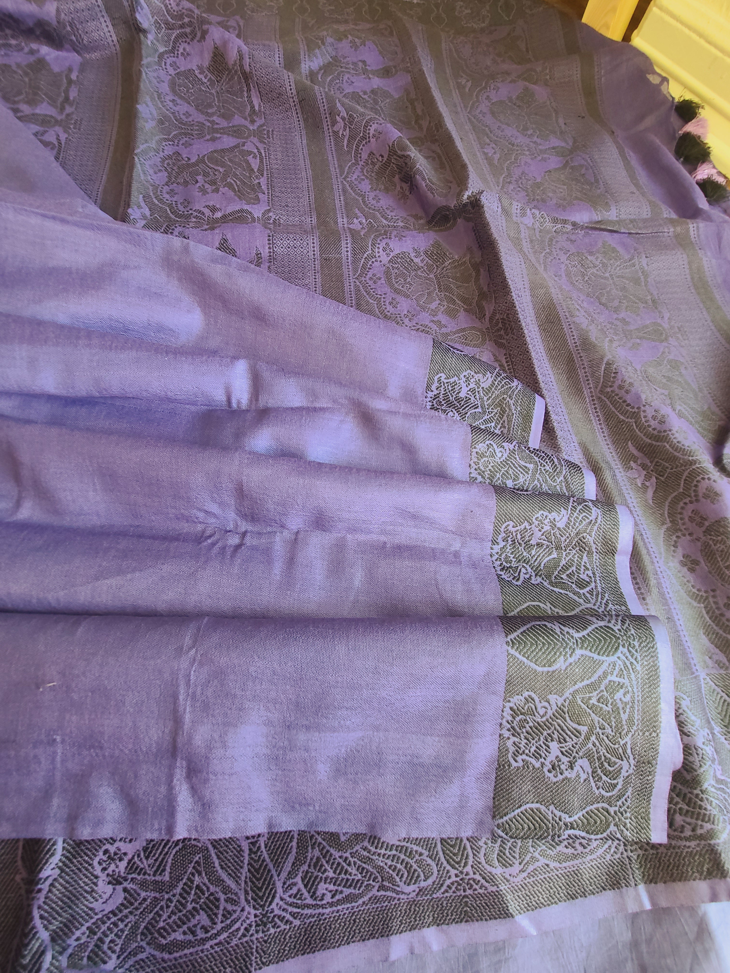 Handwoven organic pure linen saree  with handweived border and pallu tassels saree plain saree