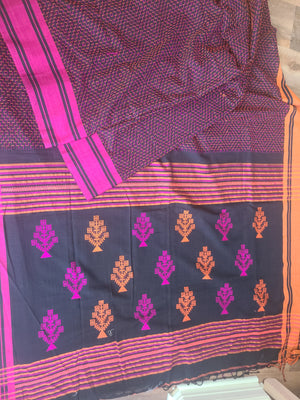 Hand embroidered mulmul cotton with jamdani border saree