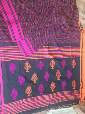 Hand embroidered mulmul cotton with jamdani border saree