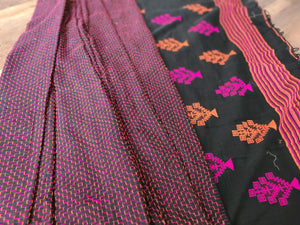 Hand embroidered mulmul cotton with jamdani border saree