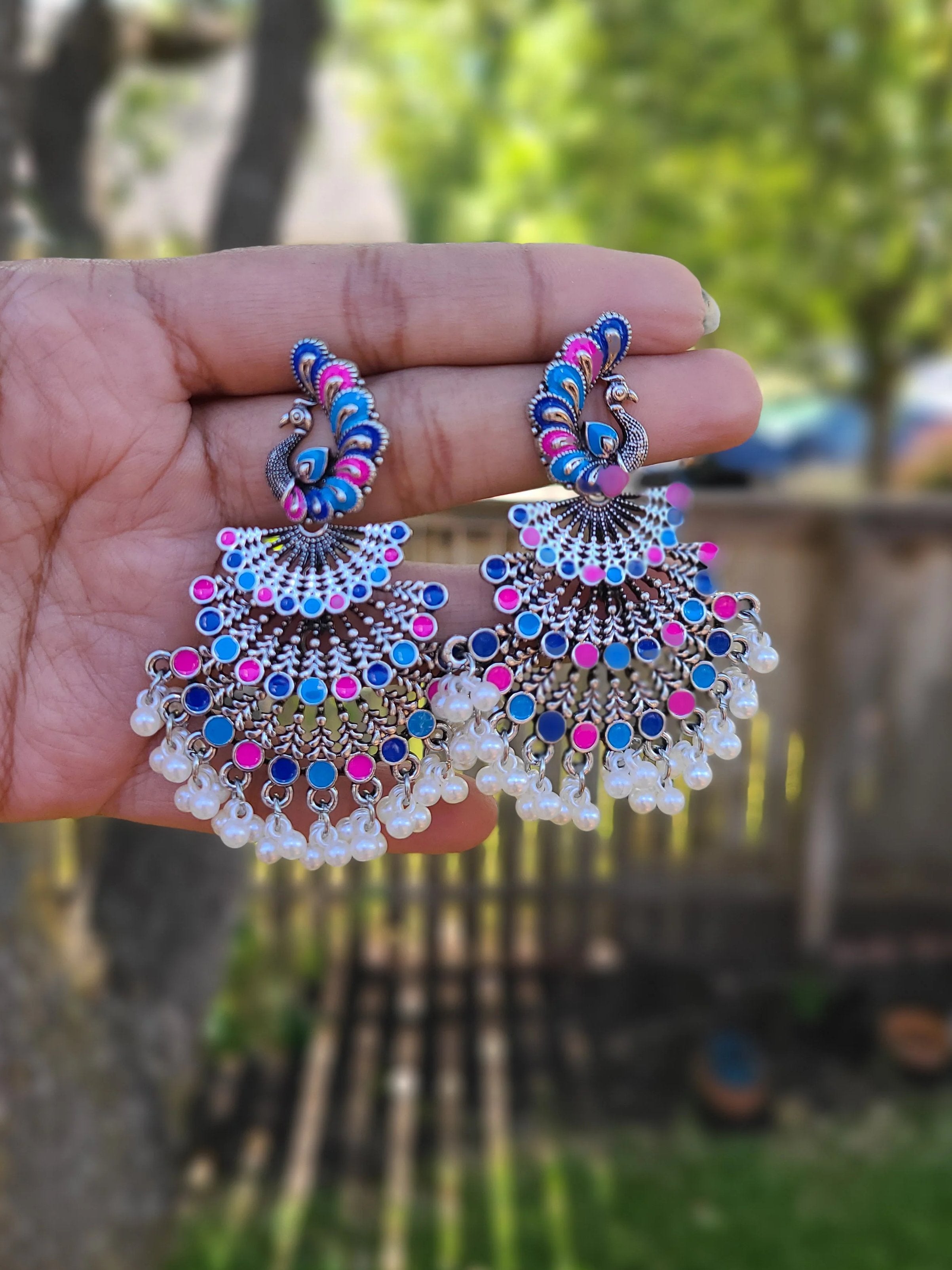Layered peacock enamel painted earrings