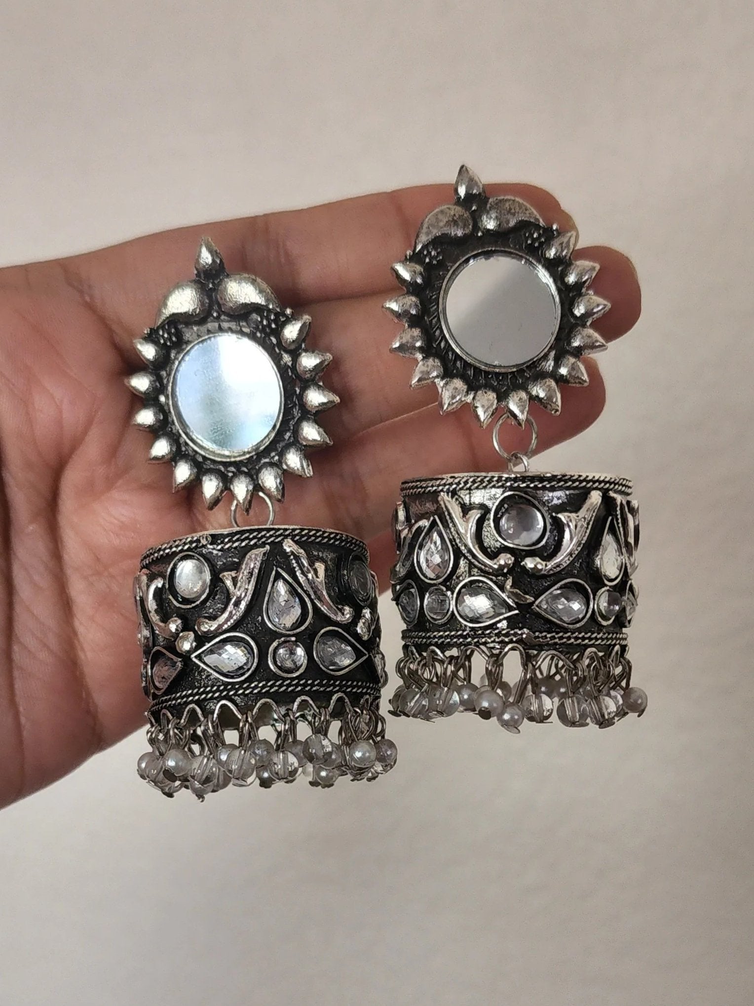 Mirror silver tone jhumkas earrings
