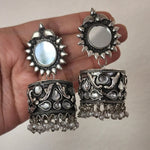 Mirror silver tone jhumkas earrings