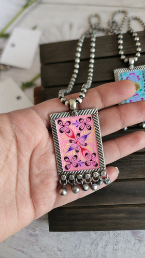 Handpainted silver alike pendant necklace