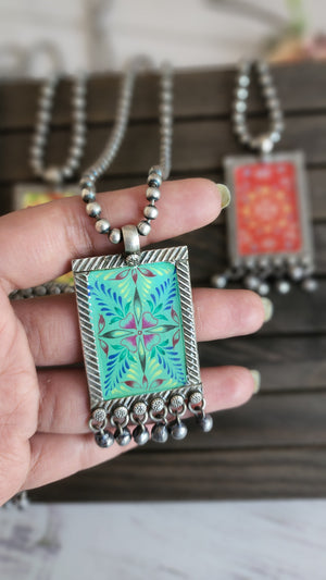 Handpainted silver alike pendant necklace