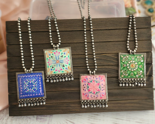 Handpainted silver alike pendant necklace