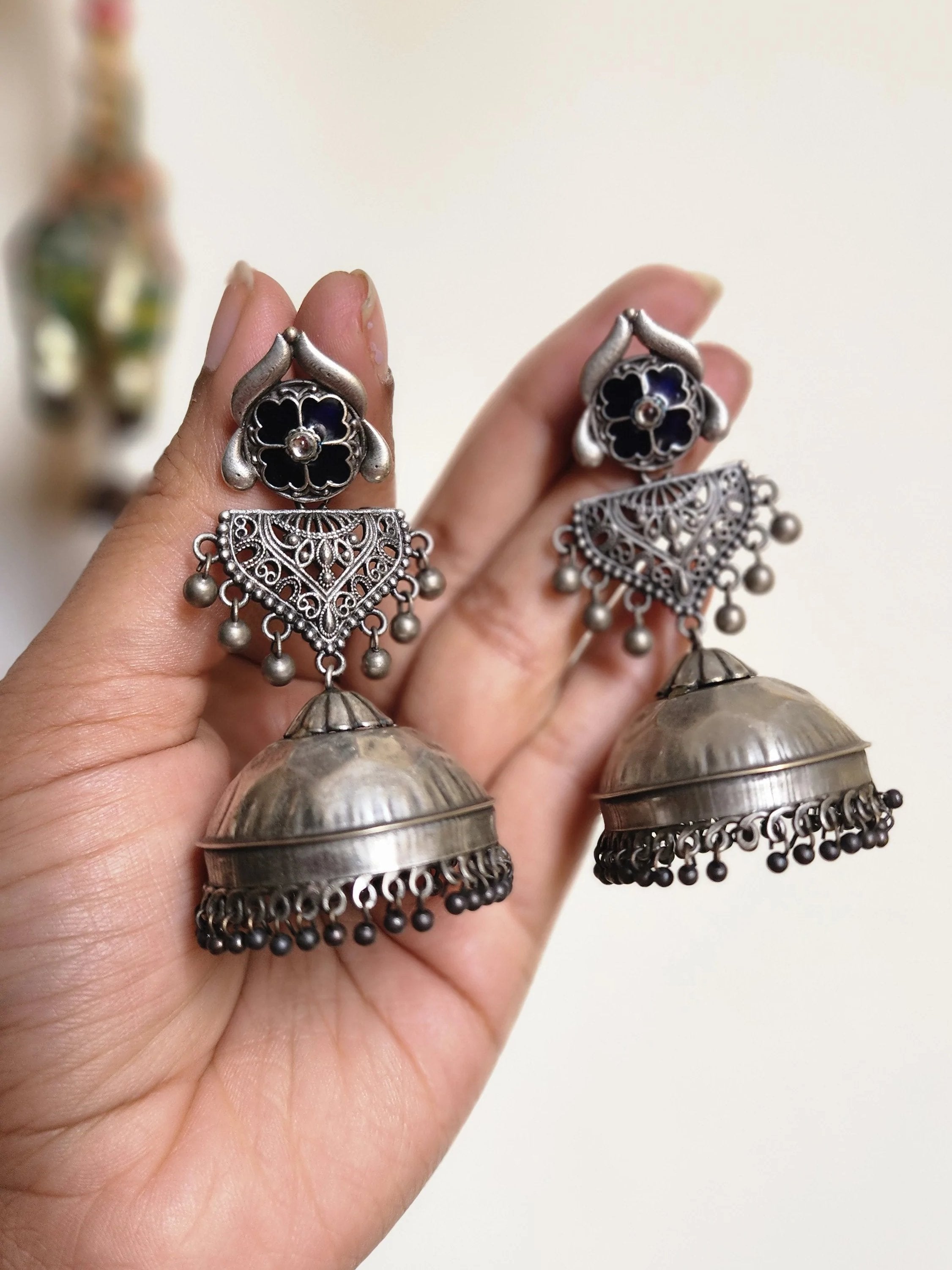 Lakshmi silver alike unique jhumka earrings