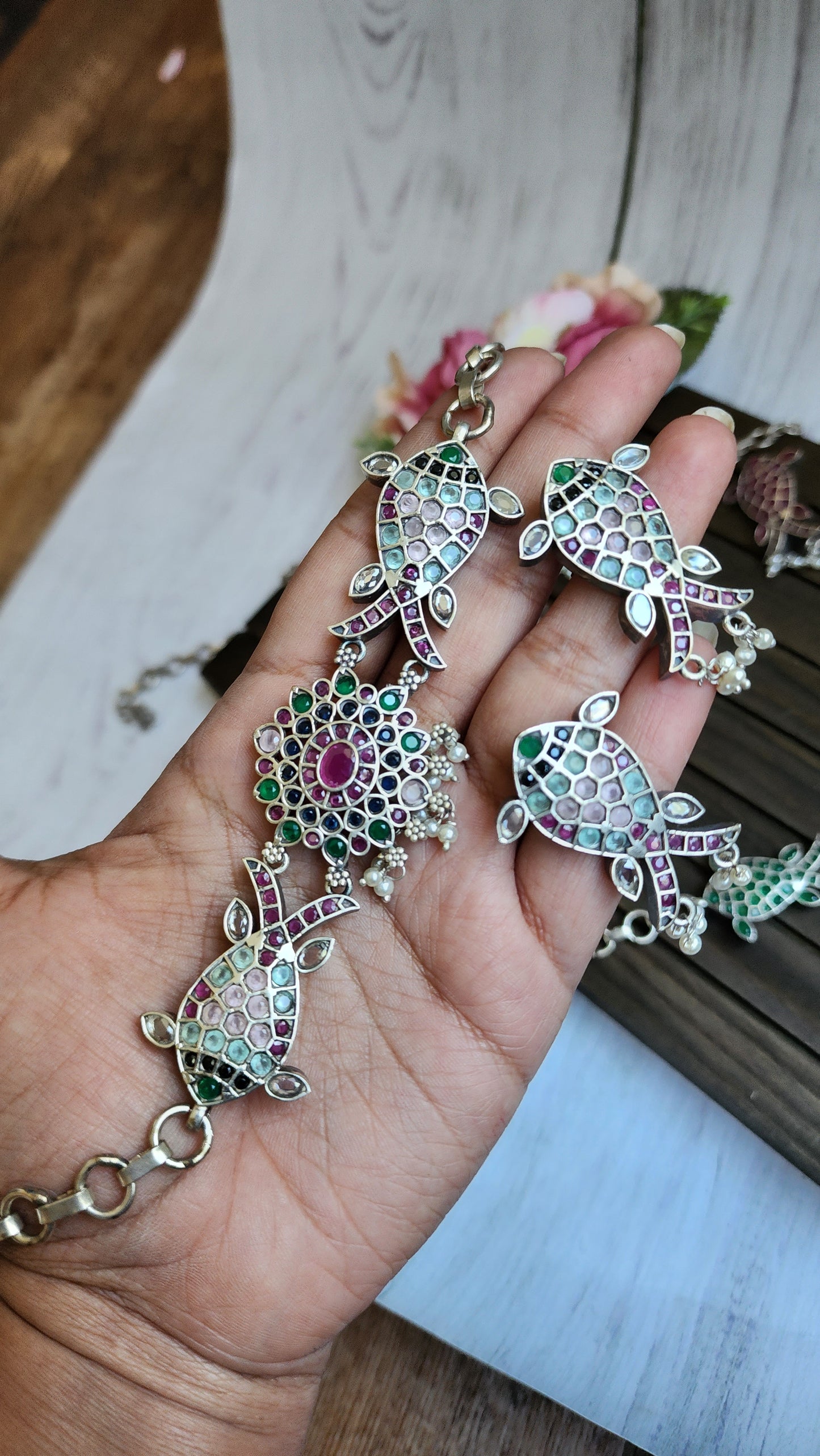 Fish Silver alike peacock choker necklace set