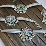 Silver alike choker with earrings necklace