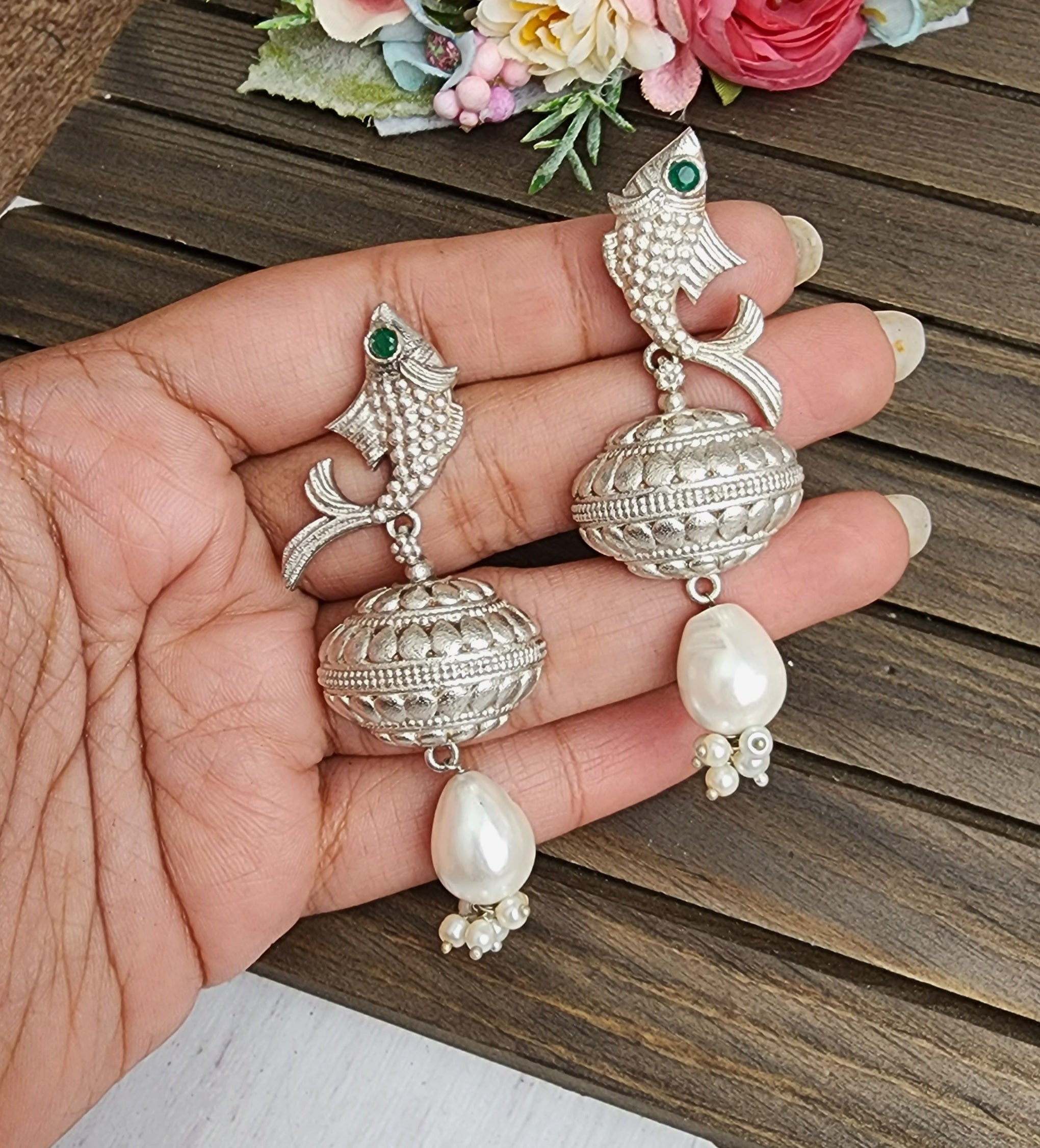 Fish silver alike jhumka earrings