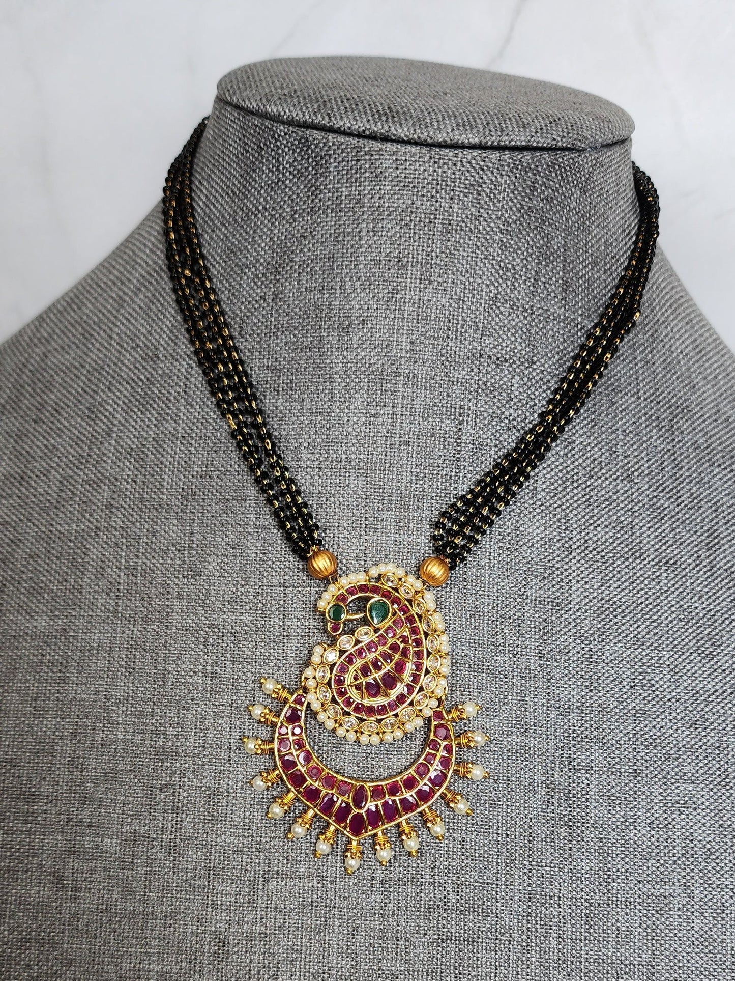 Bhuvi Gold plated black bead necklace set