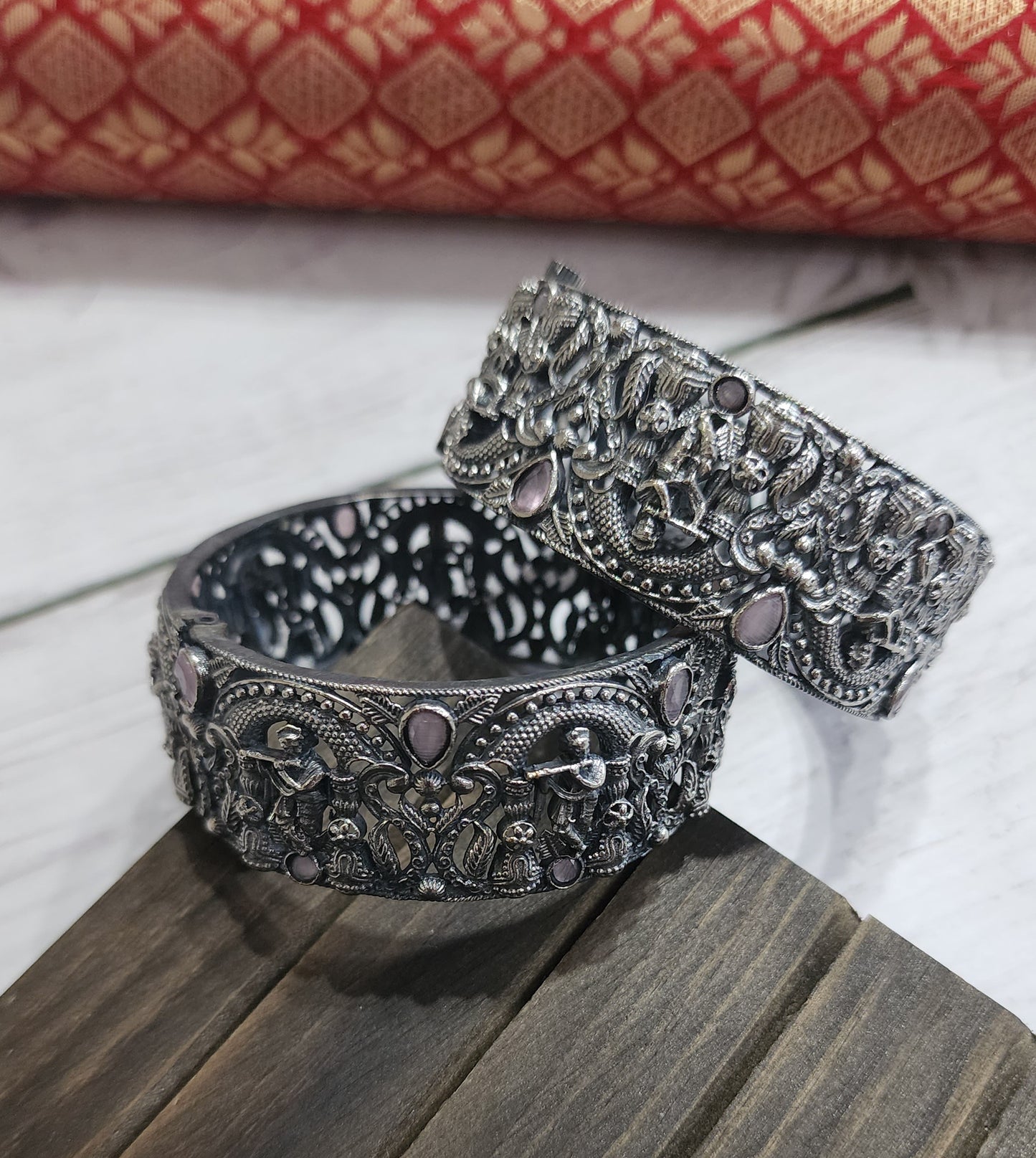 Krishna Silver alike embossed kada bangles