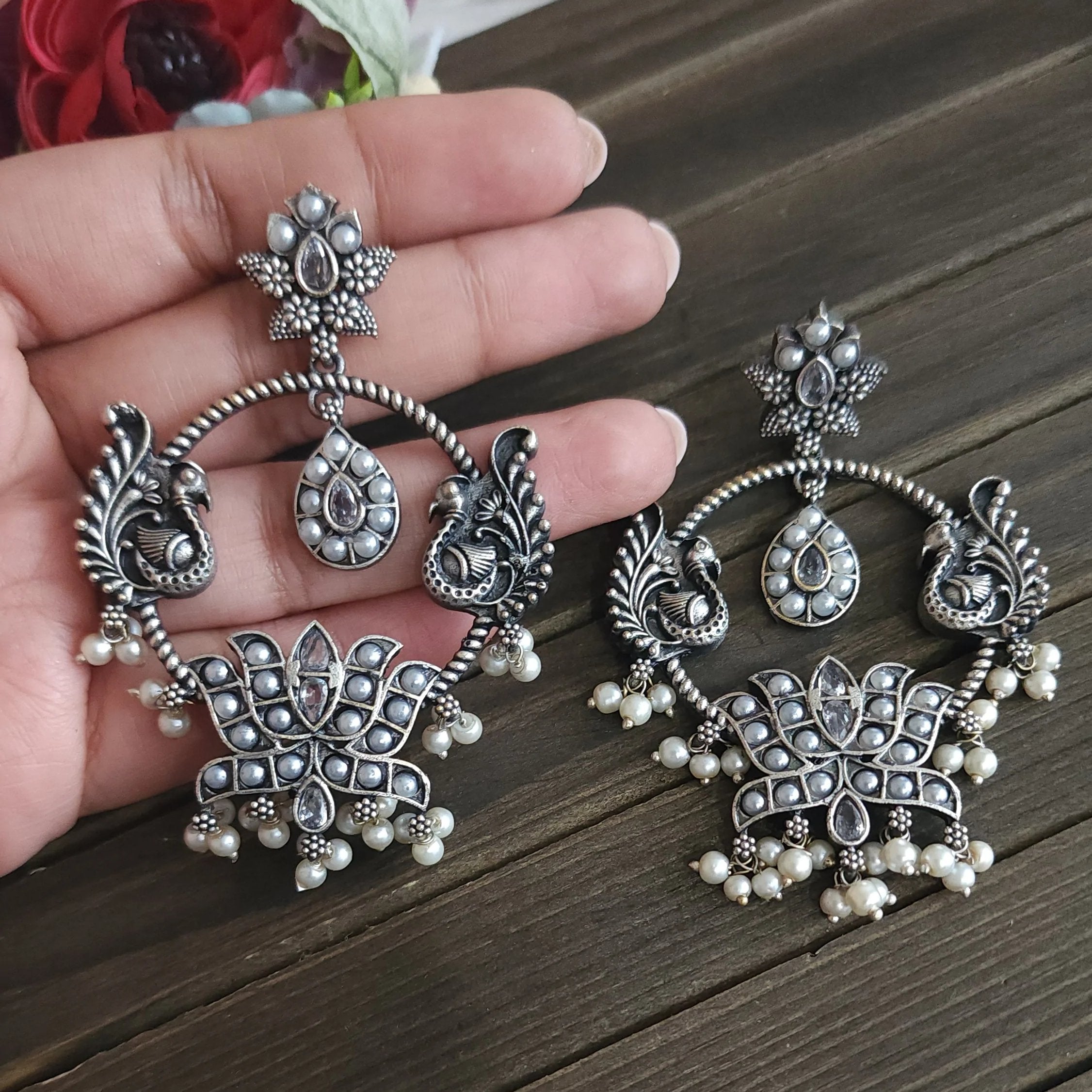 Lotus Silver alike chandbali earrings