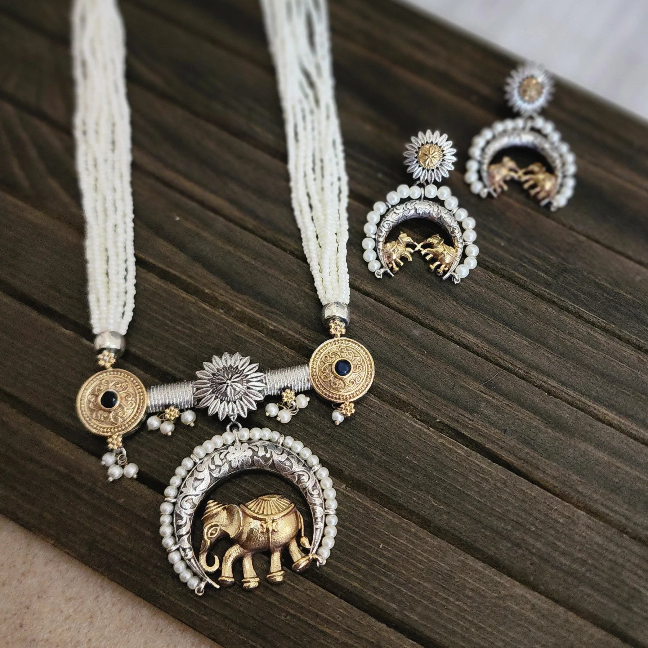 Elephant dualtone long pearl necklace set