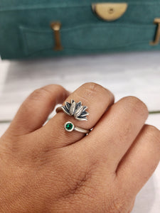 Adjustable Lotus green Stone 925 silver Ring