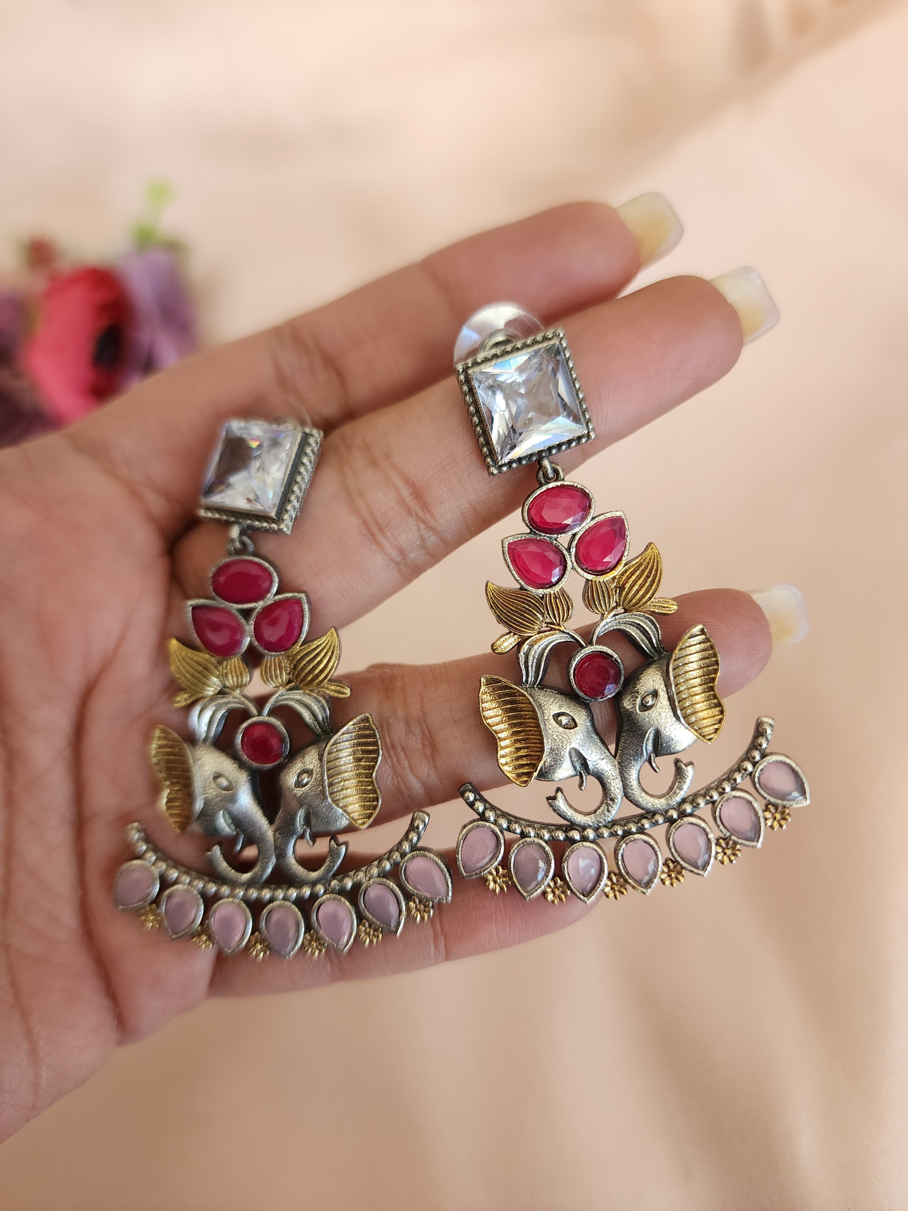 Elephant dualtone silver alike stud earrings