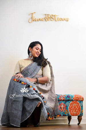 Handwoven organic pure linen handweived Saree with tassels pallu saree plain saree