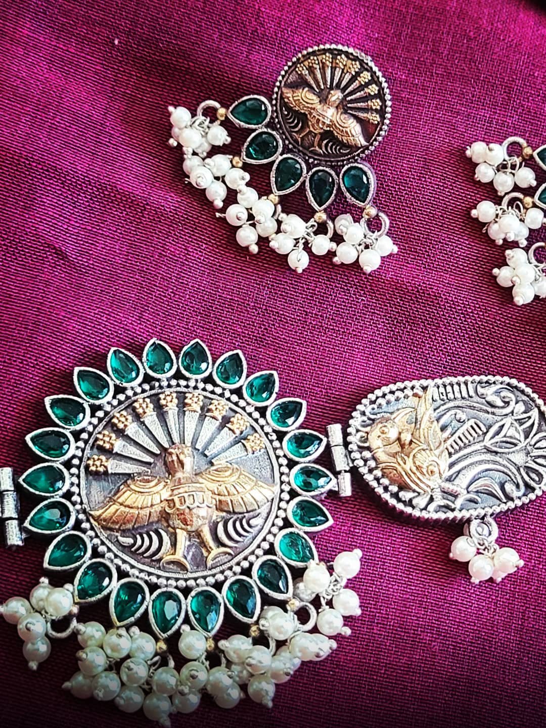 Dualtone Silver alike peacock choker necklace with earrings