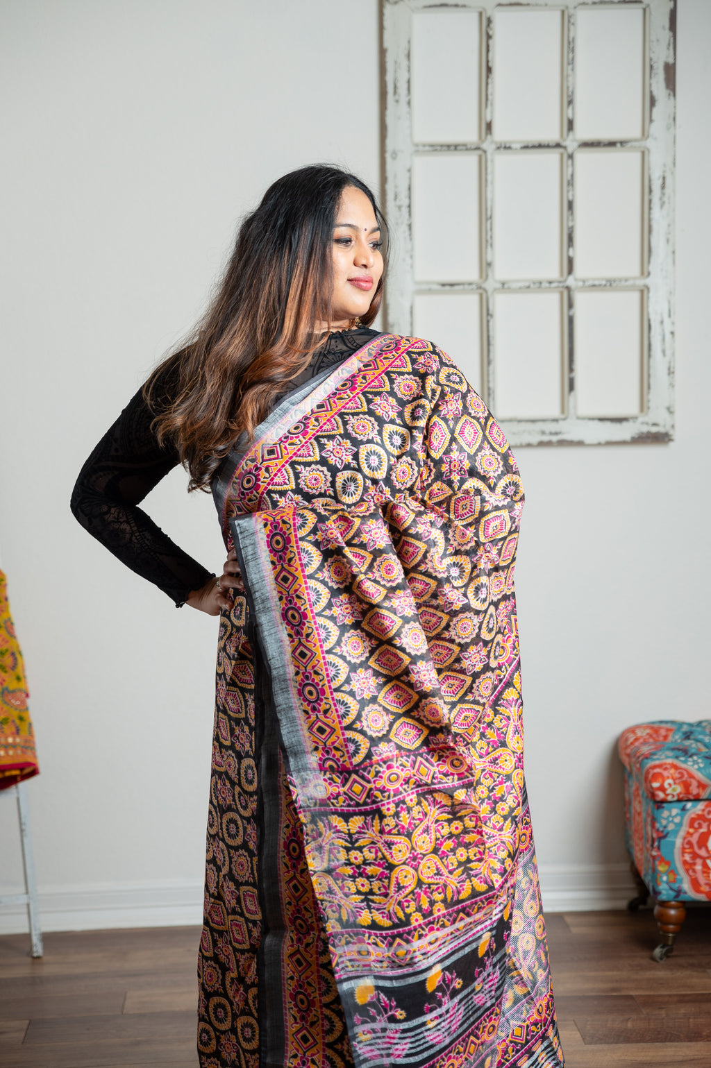 Ajrakh printed linen printed saree