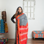 Bafta tussar silk block printed red border saree