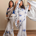 Pure Linen White saree with Zari border and embroidered Peacocks saree