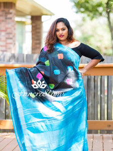 Handwoven organic pure Shibhori printed linen saree black and blue border tassels pallu saree