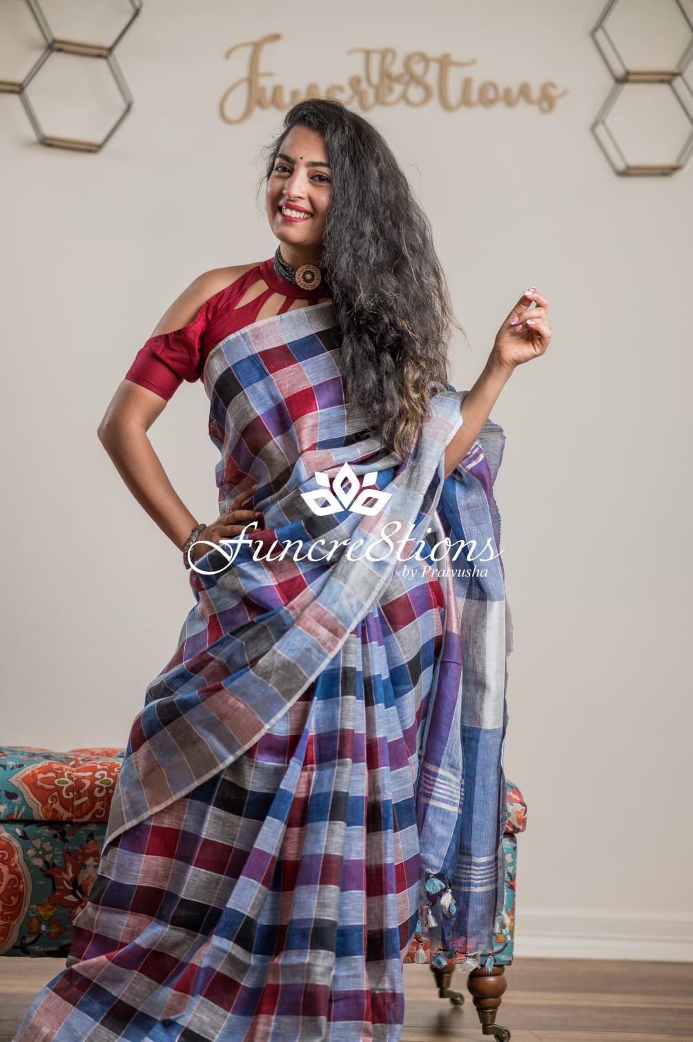 Handwoven organic pure plain linen saree block color with tassels pallu saree
