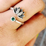 Adjustable Lotus green Stone 925 silver Ring