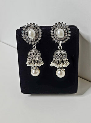Peacock pearl stone silver tone jhumkas earrings