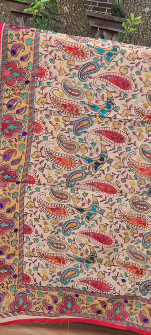 Madhubani dupatta phulkari dupatta hand embroidered dupatta kalamkari gift for her women gifts half white dupatta blue dupatta red dupatta